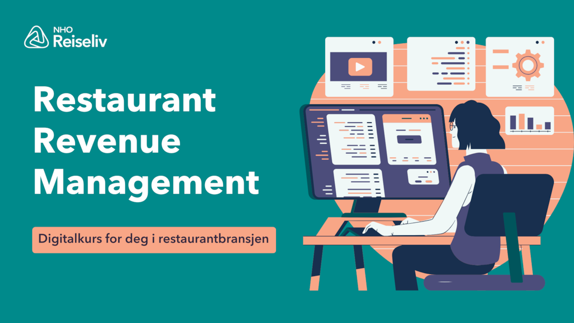 illustrasjon i grønt som viser en kvinne som sitter med mange skjermer foran seg. Over bildet står teksten Restaurant Revenue Management