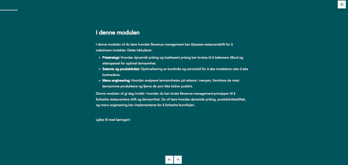 Skjermbilde fra det digitale kurset Restaurant Revenue management. 