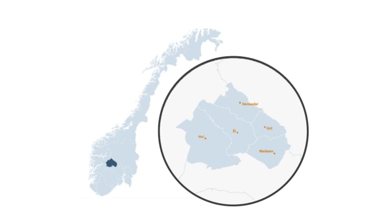 Kart som illustrerer kommunene i Hallingdal (i mørkeblått).