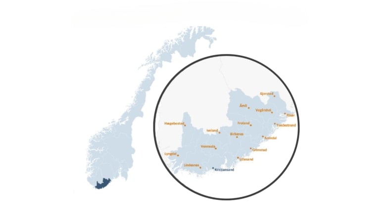 Kart som illustrerer kommunene på Sørlandskysten (i mørkeblått). 