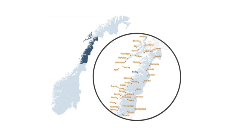 Kart som illustrerer kommunene i Nordland (i mørkeblått).