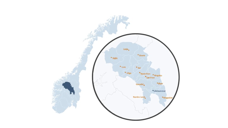 Kart som illustrerer kommunene i Gudbrandsdalen (i mørkeblått).